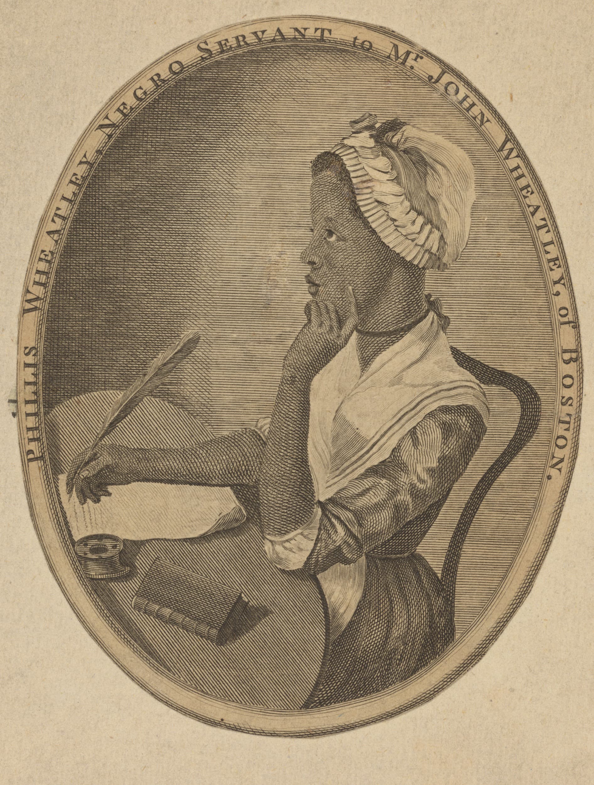 Attributed to Scipio Moorhead, Phillis Wheatley, 1773. Engraving, 5 × 3 ⅞ inches. Courtesy the Metropolitan Museum of Art.