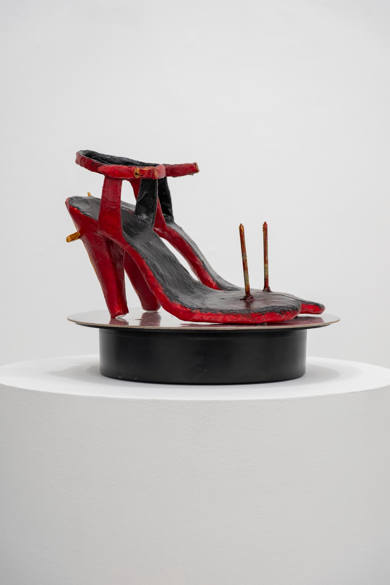 Greer Lankton, Jesus's Cha Cha Heels, 1986. Acrylic paint, papier-mâché, metal, wood, 7 × 7 × 4 inches. Courtesy Ortega y Gasset Projects. Photo: Chanel Matsunami.