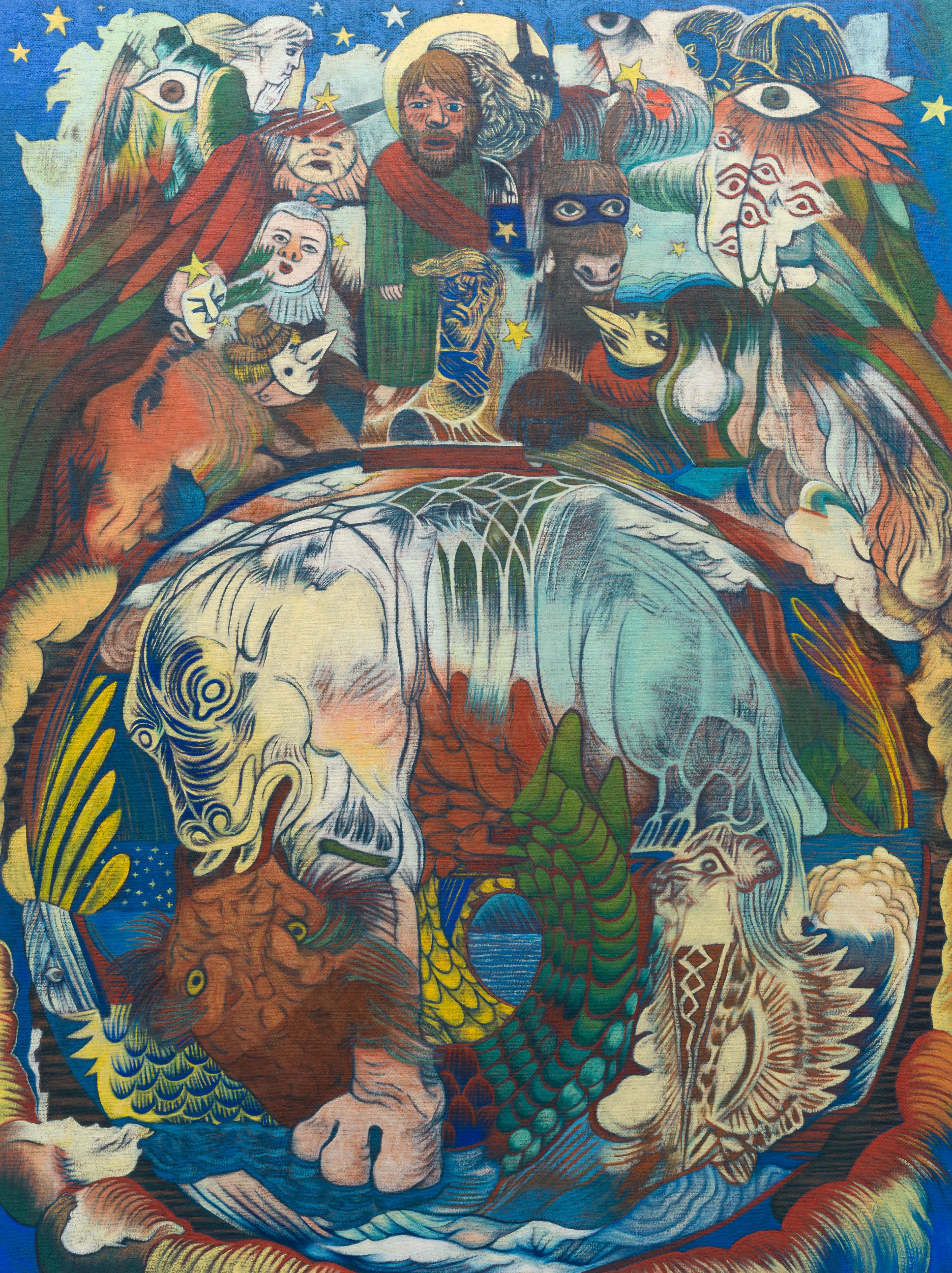 John Hee Taek Chae, Behemoth and Leviathan, 2026. Oil on linen, 48 × 36 inches. Courtesy the artist and D.D.D.D..