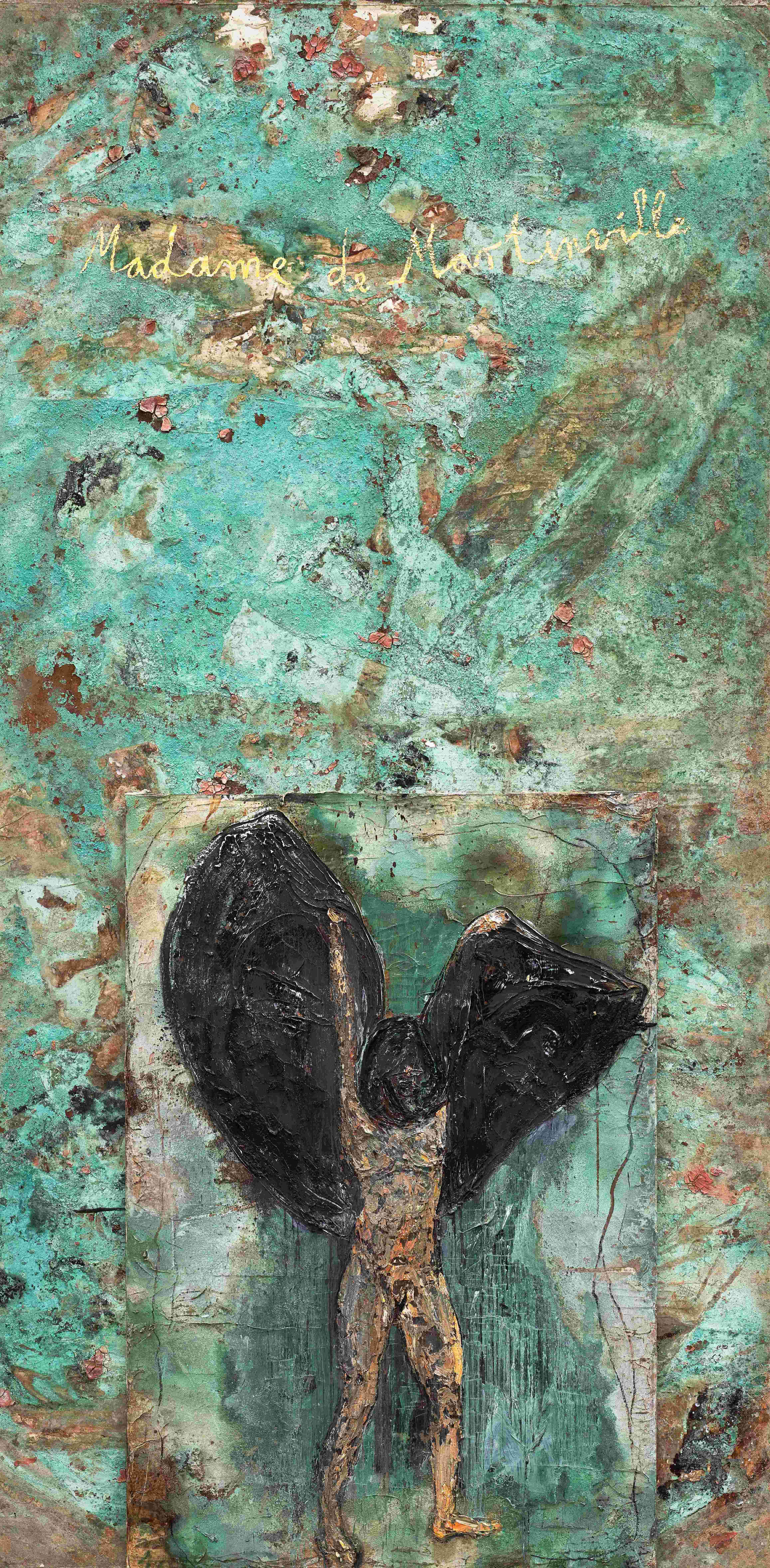 Anselm Kiefer, Madame de la Martinville, 2025. Emulsion, oil, acrylic, shellac, gold leaf, sediment of electrolysis, clay, charcoal, and collage of canvas on canvas. 224 ⅜ × 110 ¼ inches. © Anselm Kiefer. Photo: Nina Slavcheva.