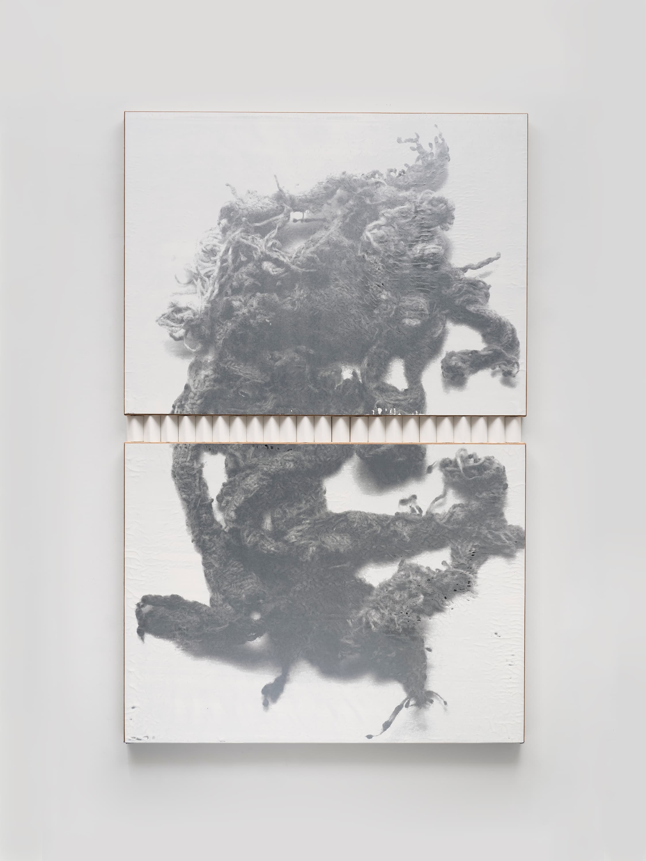 N. Dash, OGN_26, 2026. Earth, acrylic, cardboard corners, enamel, silkscreen ink, jute, 75 × 48 inches. Courtesy the artist and Hill Art Foundation. Photo: Thomas Barratt.