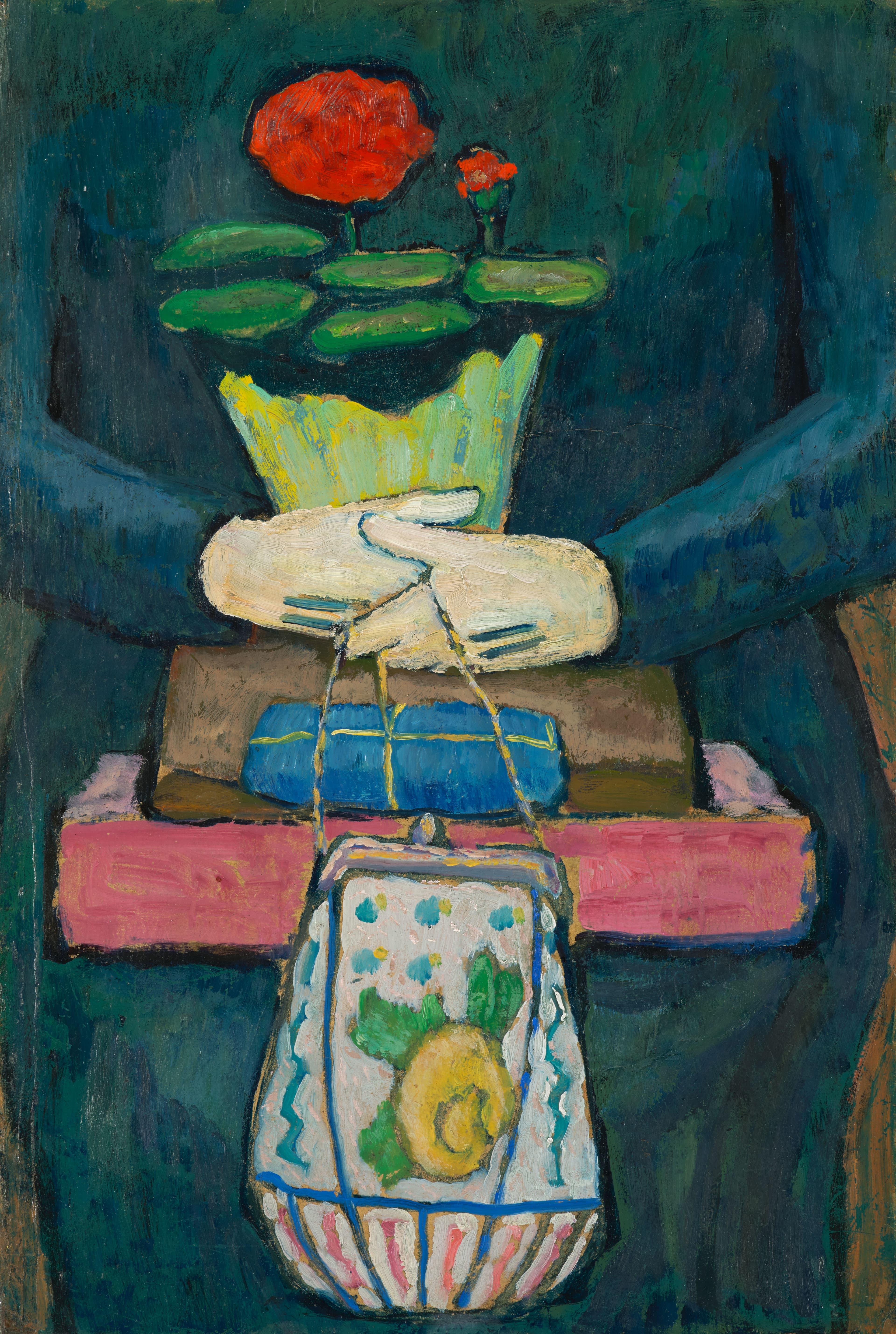 Gabriele Münter, Still Life on the Tram (After Shopping), ca. 1909–12. Painting on board, 19 ¾ × 13 ½ inches. © 2025 Artists Rights Society (ARS), New York / VG Bild-Kunst, Bonn.