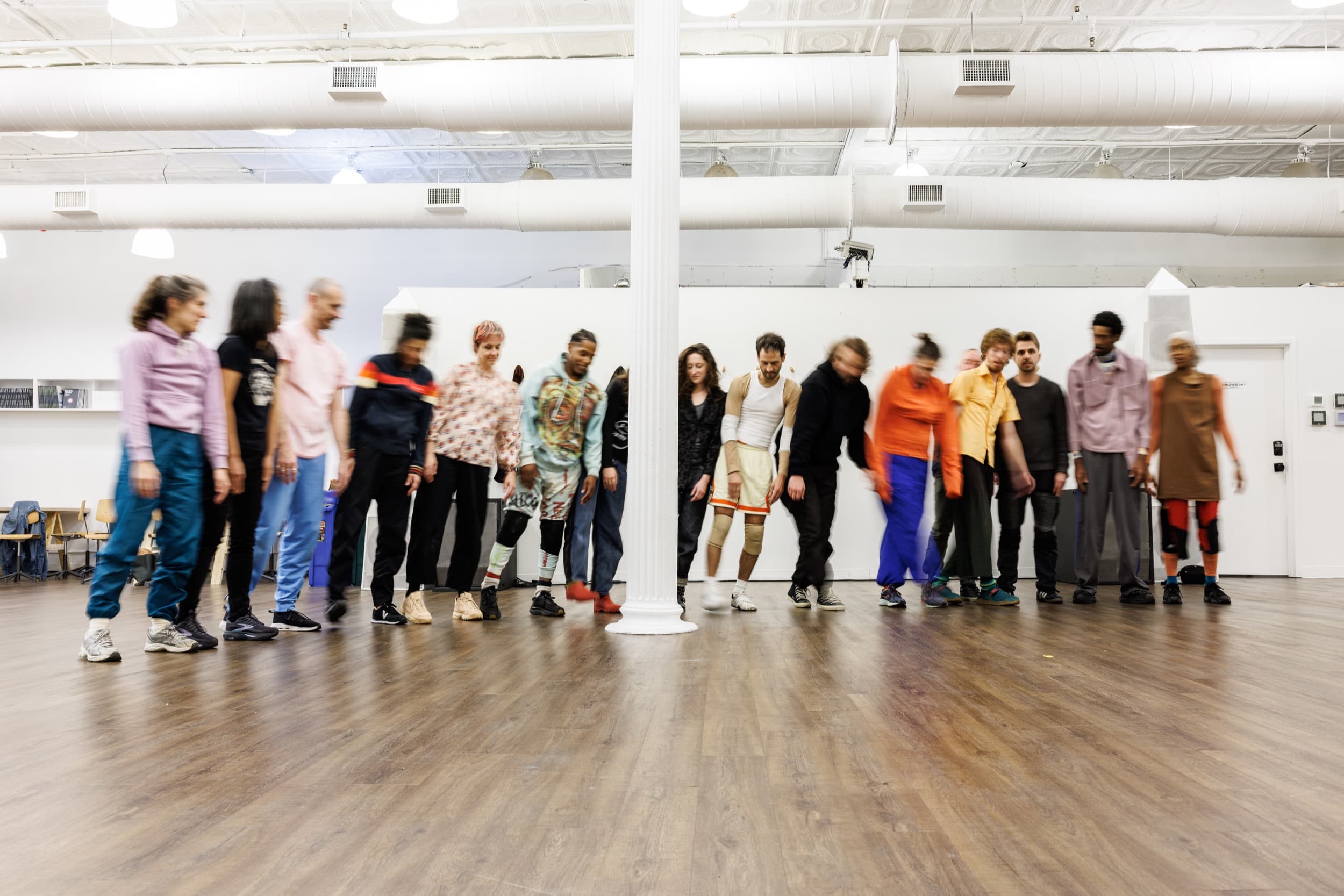 Lizzie Feidelson, Cyril Baldy, Varinia Canto Vila, Malcolm-x Betts, João dos Santos Martins, Moriah Evans, and Bria Bacon in Moriah Evans’s Every Body Knows, Performa 2025 Studio Series. Photo: Maria Baranova.