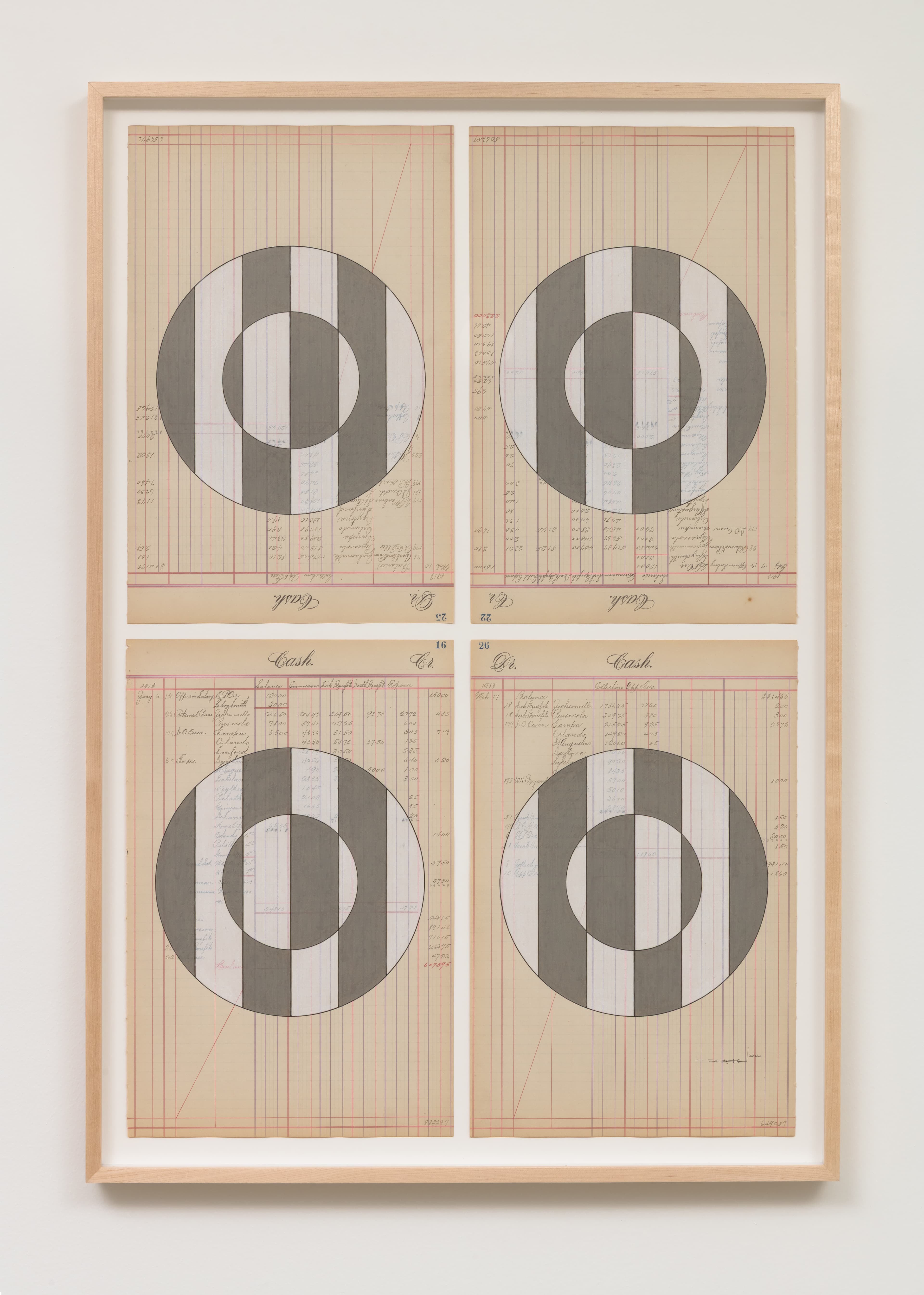 Terran Last Gun, Ancient Futurism Is Now, 2026. Quadriptych ledger drawing: ink and colored pencil on antique “cash” ledger sheets, dated 1913, 33 ¼ × 22 ½ inches. Courtesy the artist and Diane Rosenstein Gallery. Photo: Robert Wedemeyer.