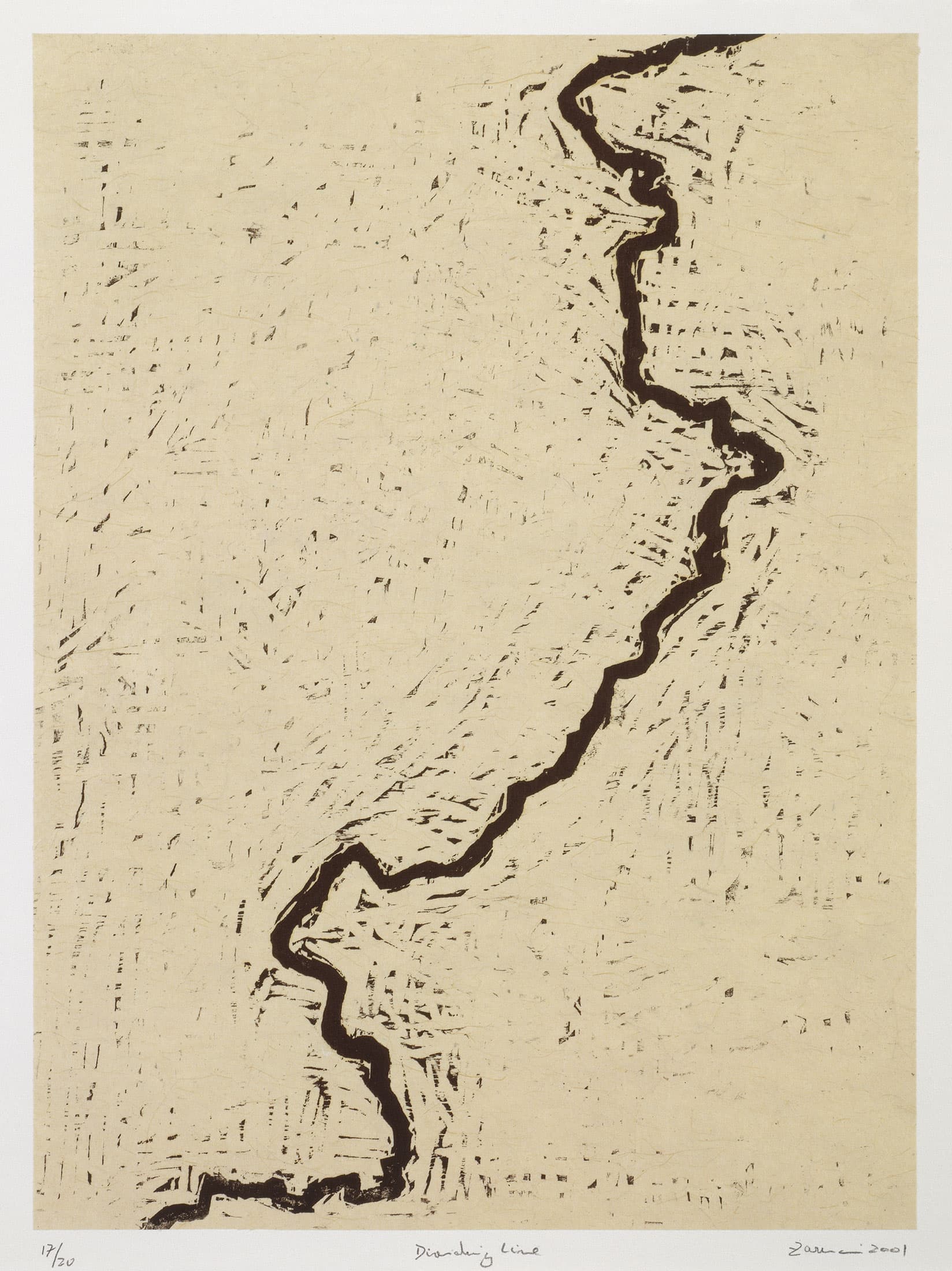 Zarina, Dividing Line, 2001. Woodcut printed in black on Nepalese handmade paper mounted on Arches cover white paper, 25 ¾ × 19 ¾ inches. Photo: Lamay Photo.