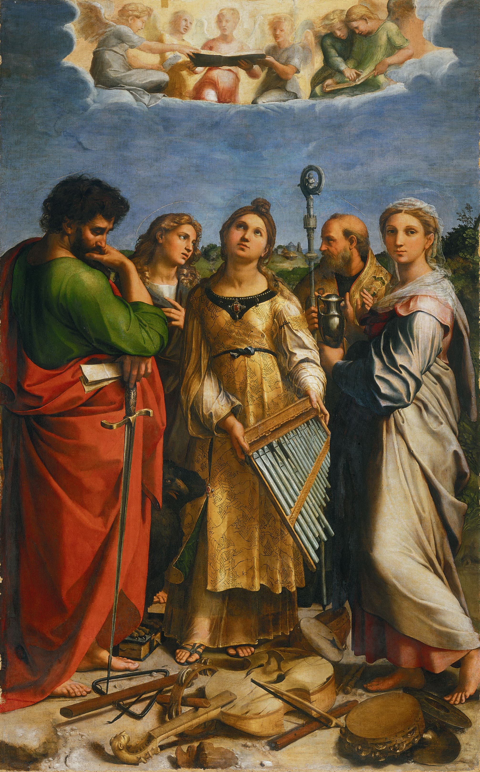 Raphael, The Ecstasy of Saint Cecilia with Saints Paul, John the Evangelist, Augustine, and Mary Magdalene, ca. 1515-16. Oil on canvas, transferred from wood, 93 × 59 inches. Courtesy Polo Museale dell’Emilia Romagna, Pinacoteca Nazionale.