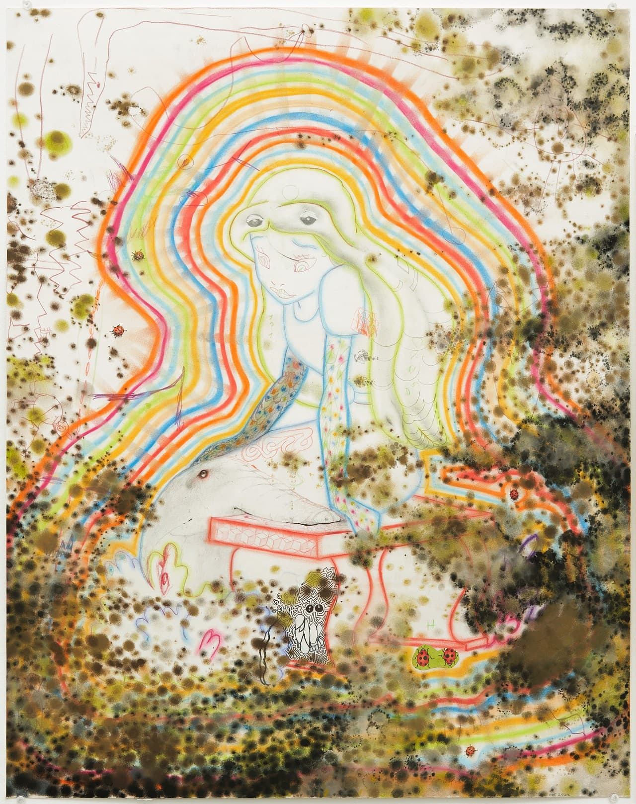 Brock Enright, Untitled (Moldy Girl), 2022. Pastel, pencil, and ink on paper, 29 × 23 inches. Courtesy the artist and Club Rhubarb. Photo: Tyler Mariano.