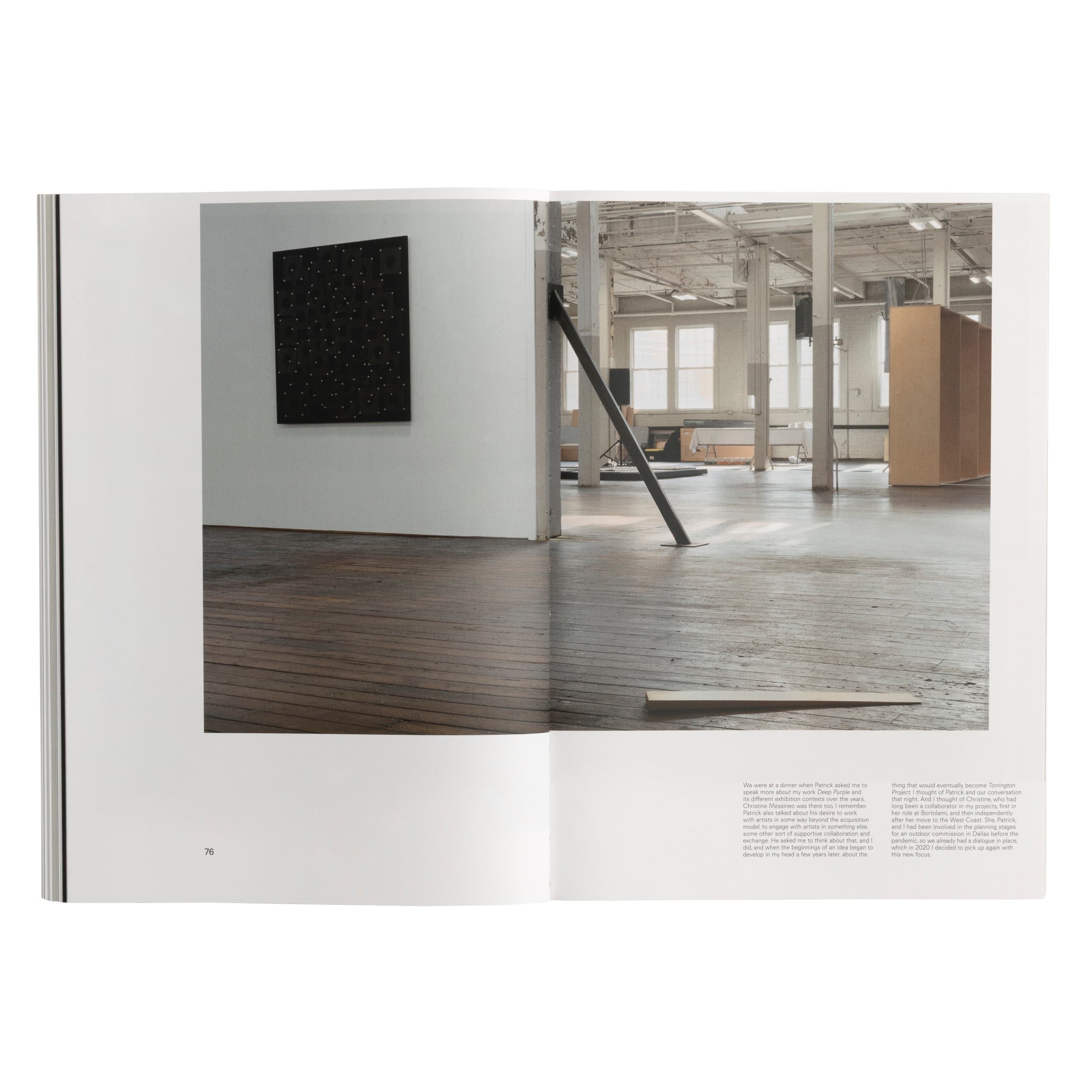 Tom Burr, Torrington Project (Primary Information, 2025). Left: Tom Burr, Black Sleeves, 2009. Plywood, black stain, paper record sleeves, steel pushpins, 48 × 48 × 2 inches. Middle: Tom Burr, one of the braces used in Tom Burr, Bortolami Gallery, New York, 2023. Steel, 9 × 9 × 72 inches. © Tom Burr. Right: Gordon Hall, Shim (Tom), cast brass, 28 × 1 × 4 inches. © Gordon Hall. Courtesy Primary Information.