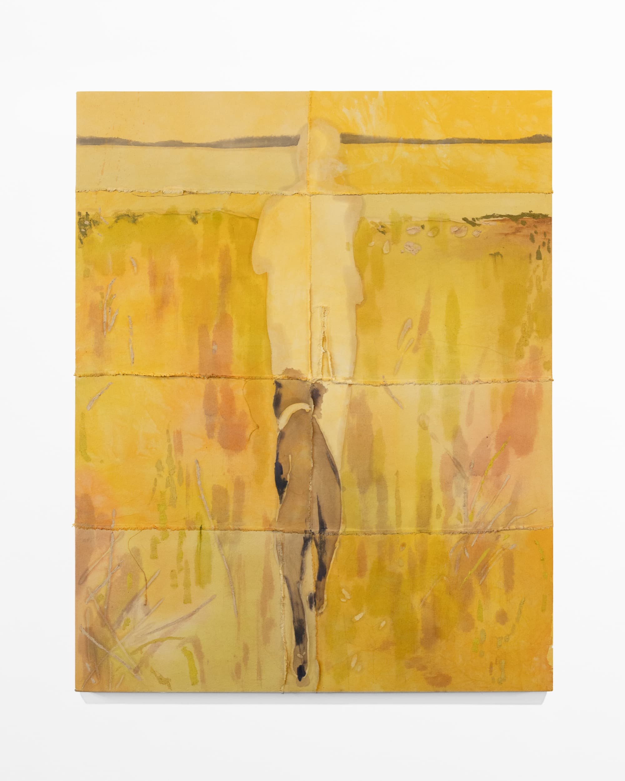Tessa Greene O’Brien, Izzy in the Field, 2026. Oil, bleach, wax resist on dyed and sewn canvas over panel. 60 × 48 inches. Courtesy the artist and Alexandre.
