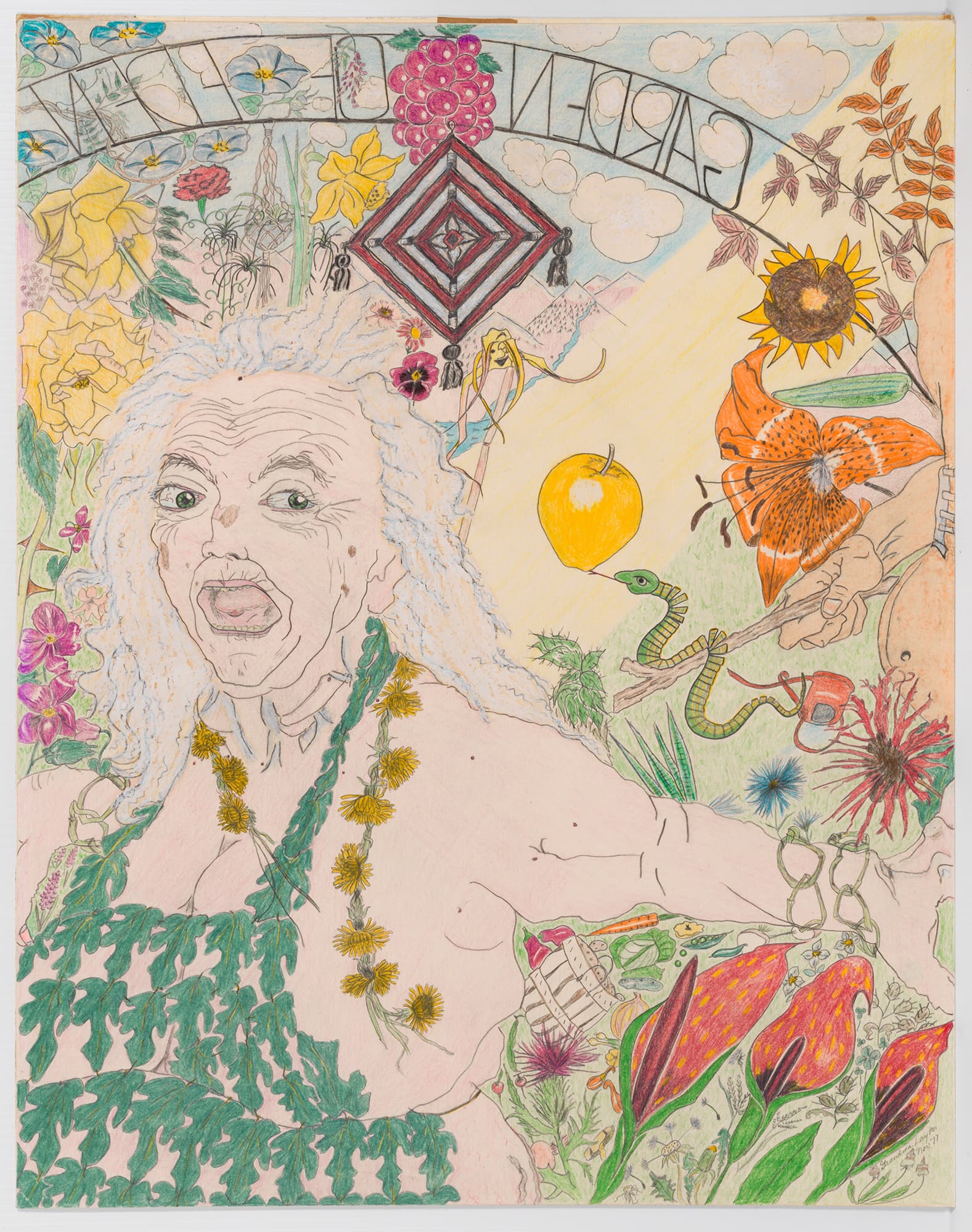 Elizabeth Layton, Garden of Eden, 1977. Colored pencil and graphite on paper, 24 × 18 inches. Courtesy American Folk Art Museum, New York.