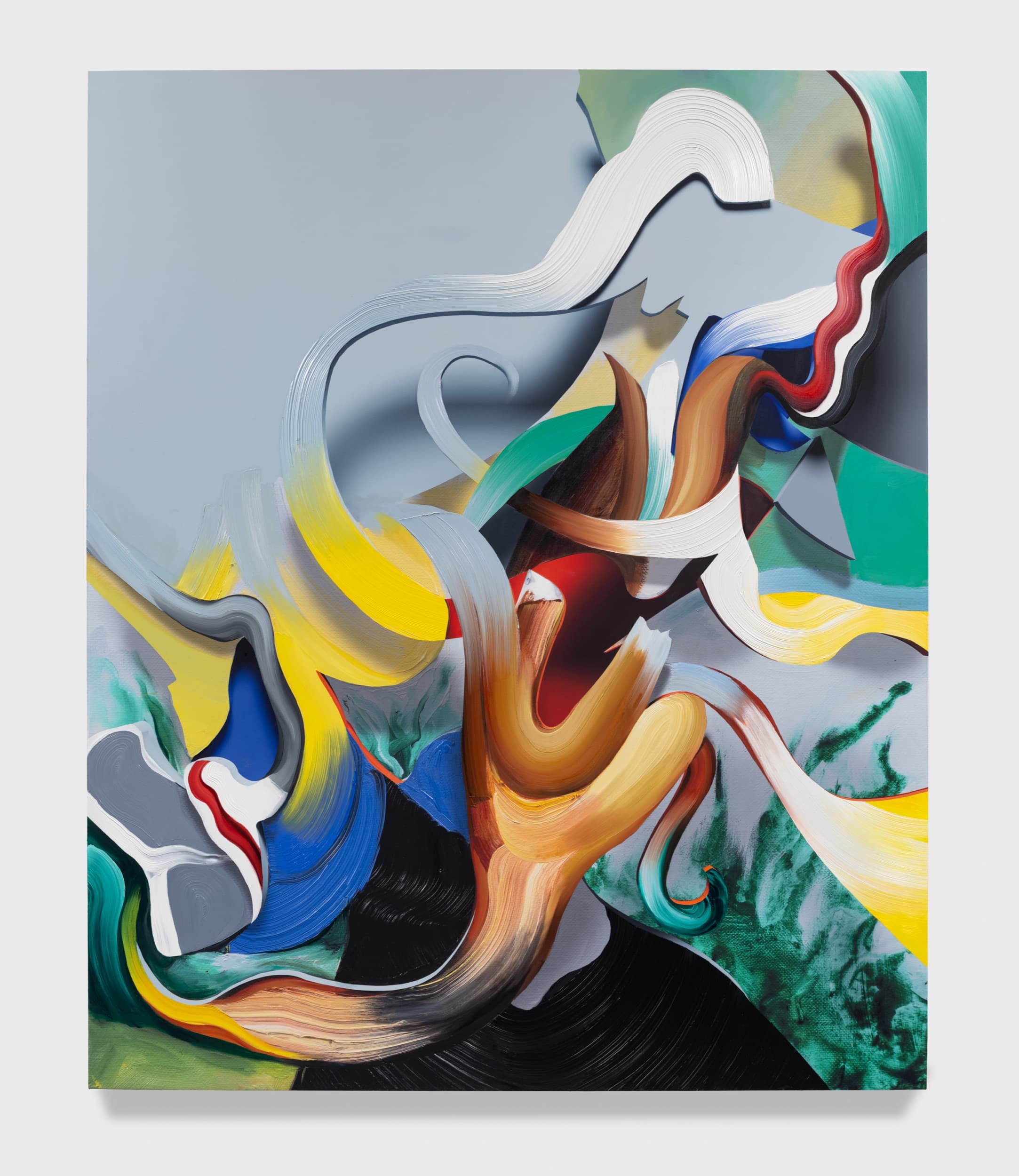 Pieter Schoolwerth, Descending, 2026. Oil, acrylic, and inkjet on canvas, 81 × 67 inches. Courtesy the artist and Petzel Gallery. Photo: Jason Mandella.