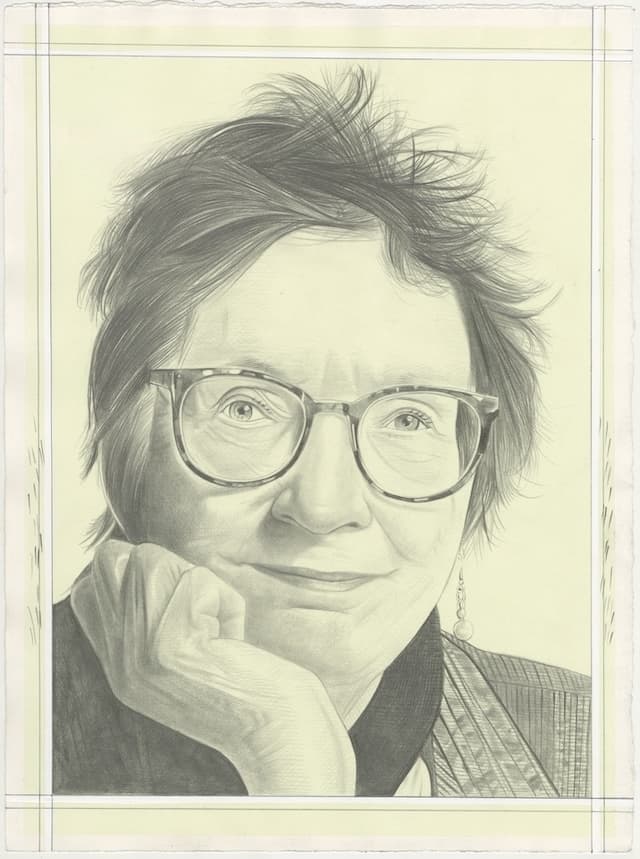 Portrait of JoAnne Akalaitis, pencil on paper by Phong H. Bui.