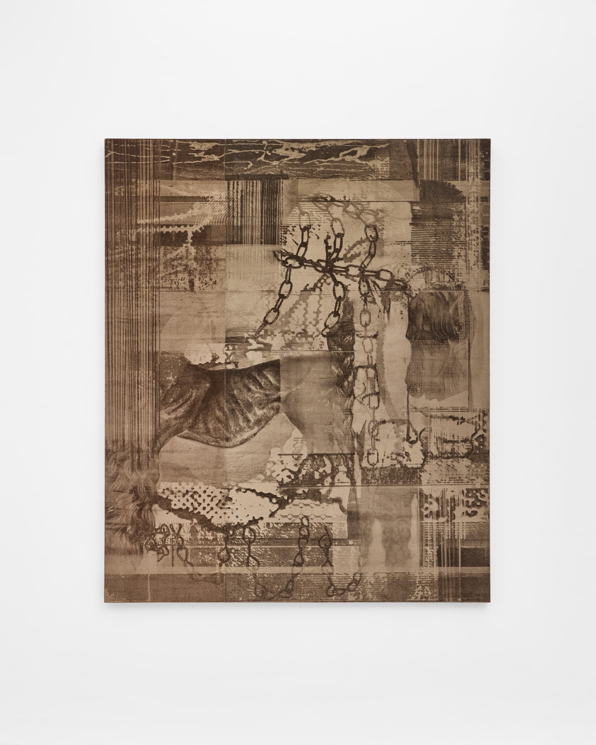 Leonardo Meoni, From a living room, 2026, Mixed media on velvet, 70 ⅘ × 59 inches. Courtesy the artist and the Address. Photo: Alberto Favara.