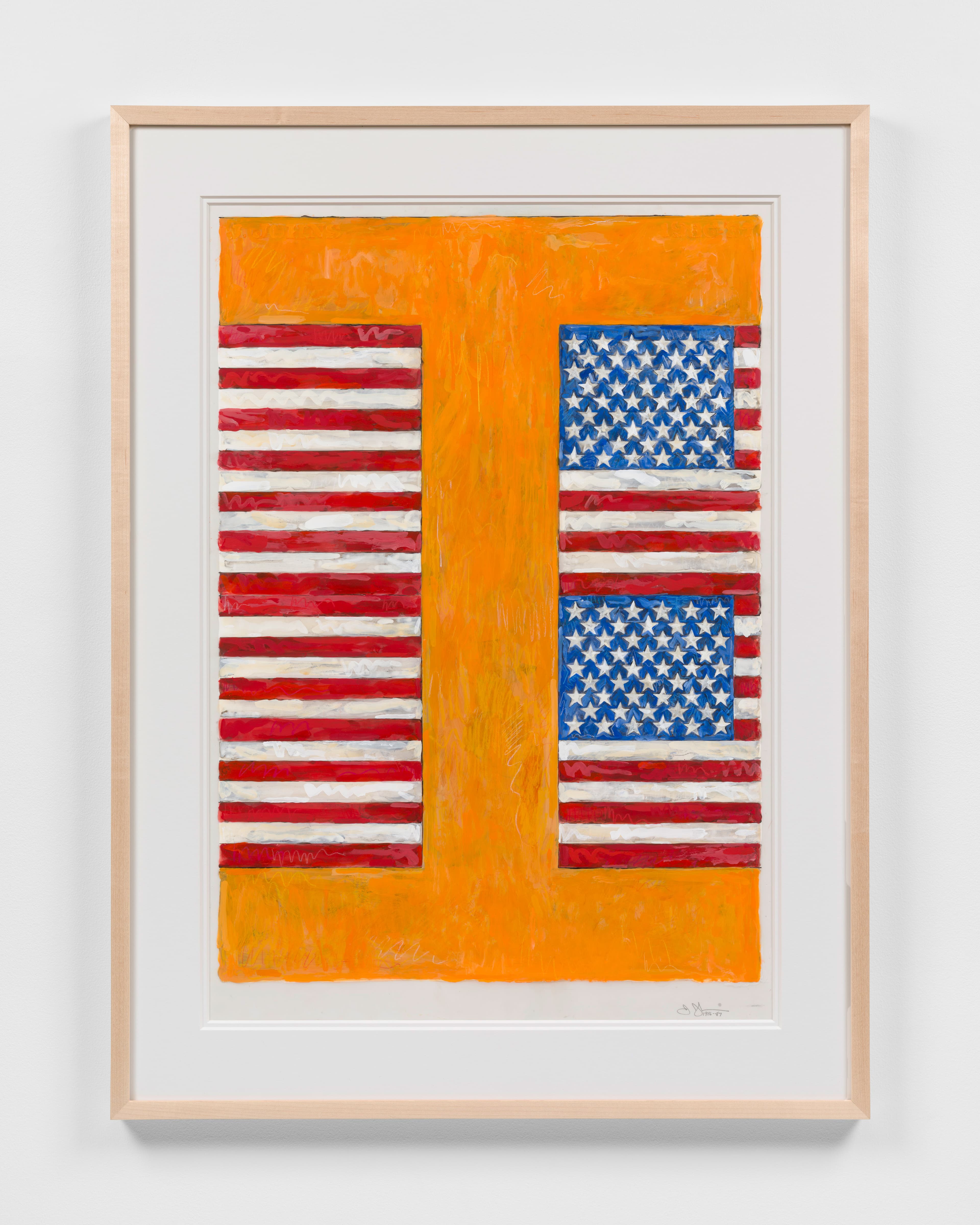 Jasper Johns, Two Flags on Orange, 1986–87. Acrylic, ink, and crayon on plastic, 34 ⅛ × 24 inches. Courtesy Craig Starr Gallery.
