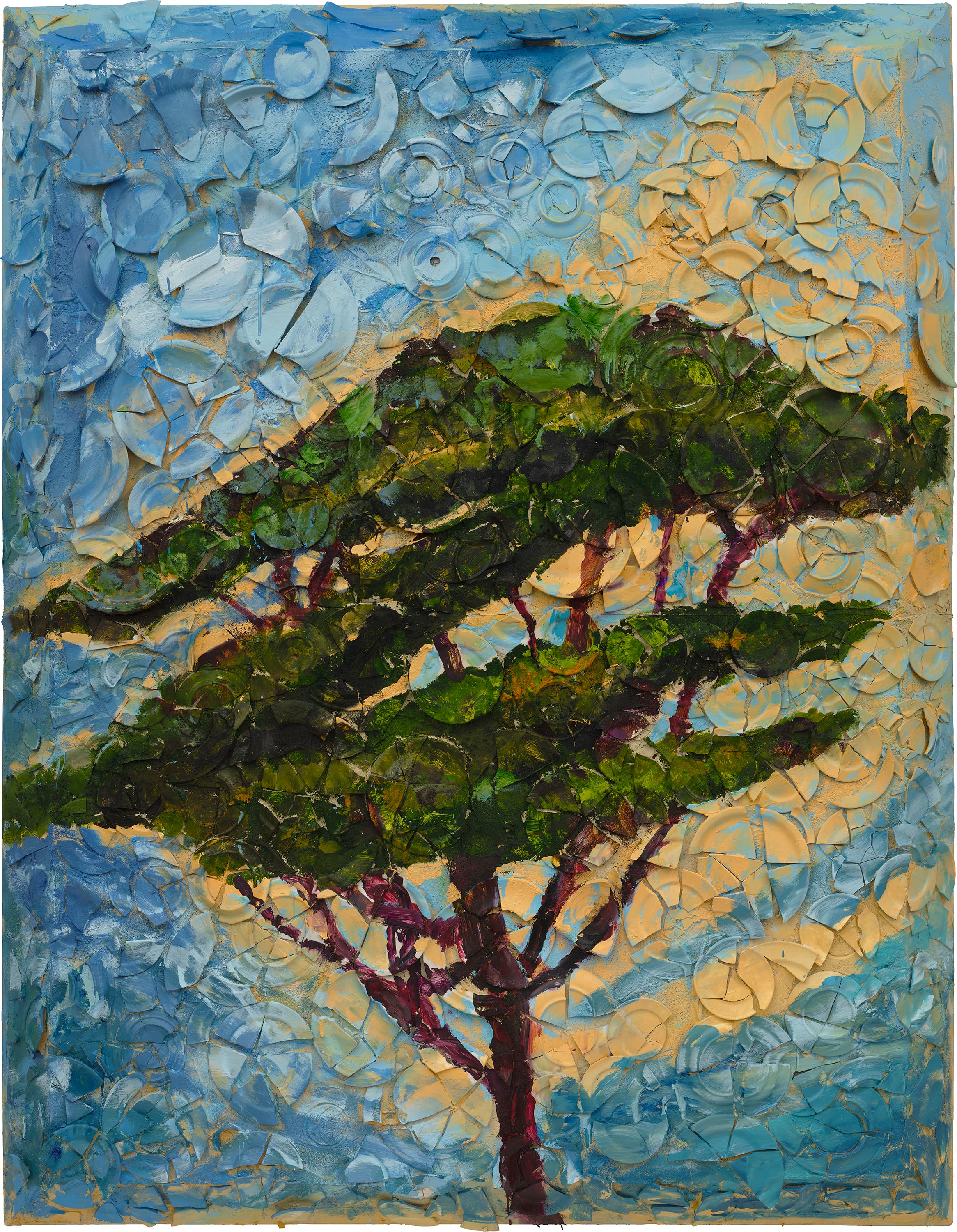 Julian Schnabel, Portrait of Italy Through Its Trees V, 2025. Oil, plates and bondo on aluminum, 108 × 84 inches. © Julian Schnabel / Artists Rights Society (ARS), New York. Courtesy Pace.