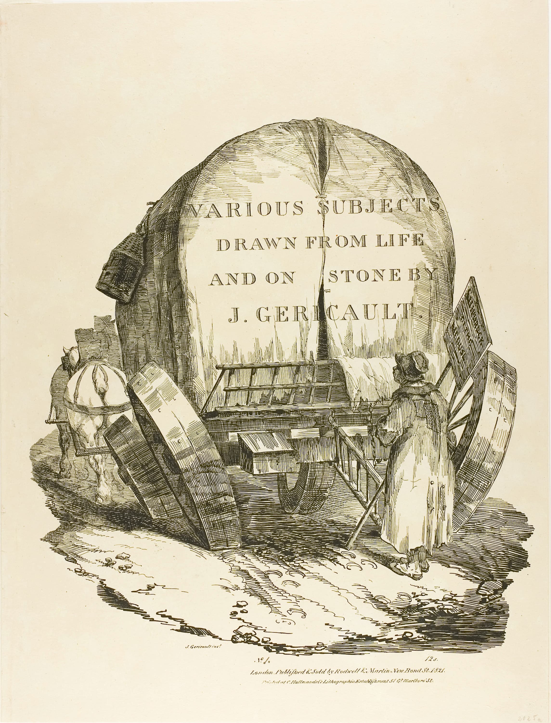 Jean Louis André Théodore Géricault, A Horse-Drawn Wagon, Title Page for Various Subjects Drawn from Life and on Stone (The English Suite), 1821. Bi-fold portfolio cover with pen-lithographed title page in black on buff wove paper, 14 ⅞ × 18 ¾ inches, printed by Charles Joseph Hullmandel, published by Rodwell and Martin, Art Institute of Chicago.