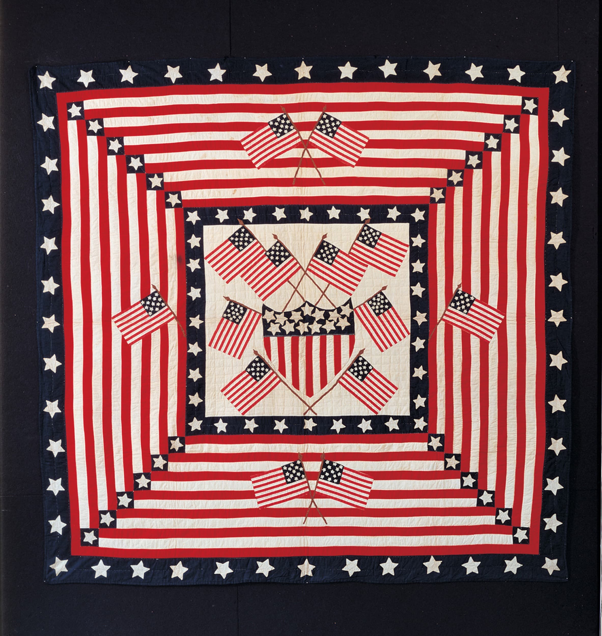 Mary C. Baxter, Flag Quilt, 1898–1910. Cotton with cotton embroidery, 77 ¼ × 78 ¾ inches. Courtesy the American Folk Art Museum.