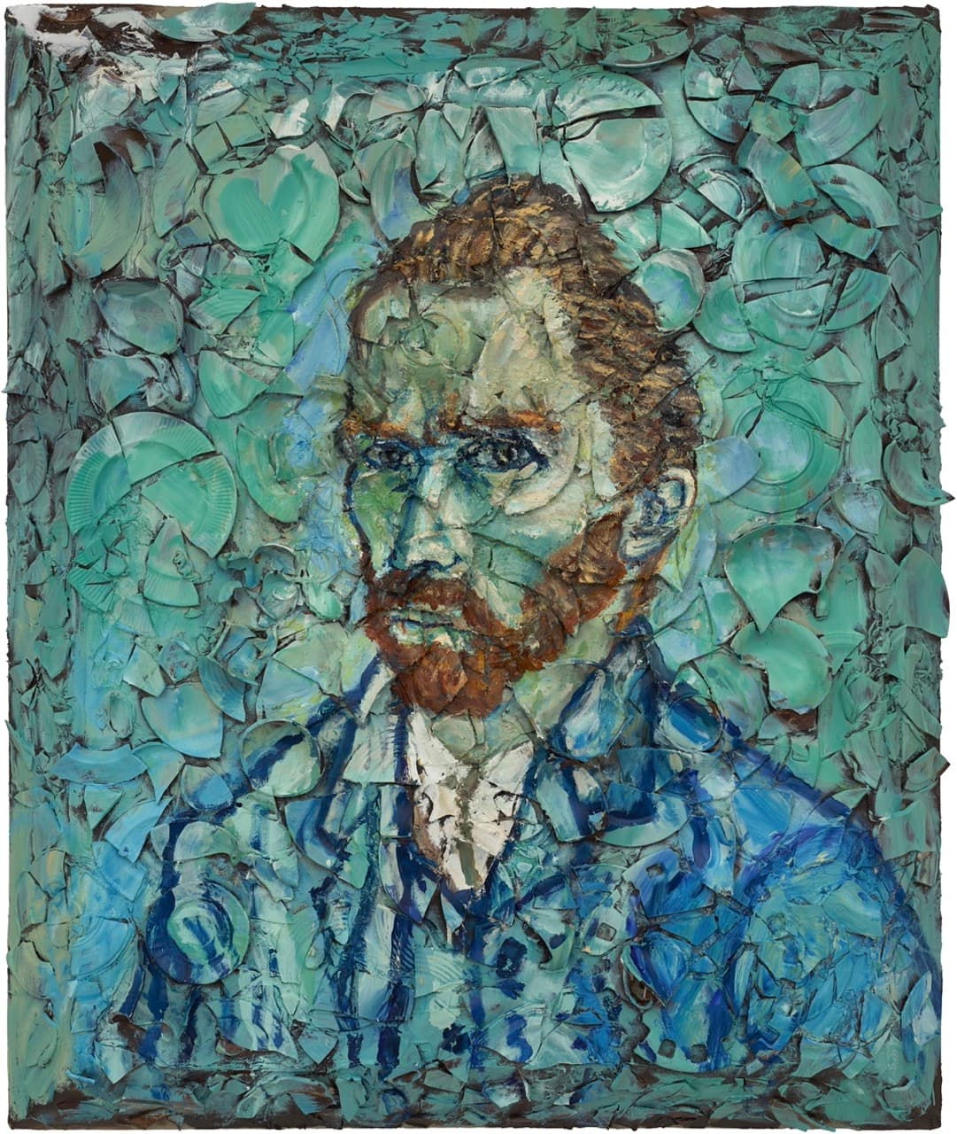 Julian Schnabel, Number 6 (Van Gogh Self-Portrait Musee d'Orsay, Vincent), 2020. Oil, plates, and bondo on wood, 72 × 60 × 10 inches. Courtesy Mnuchin Gallery. © Julian Schnabel Studio. Photo: Tom Powel Imaging.