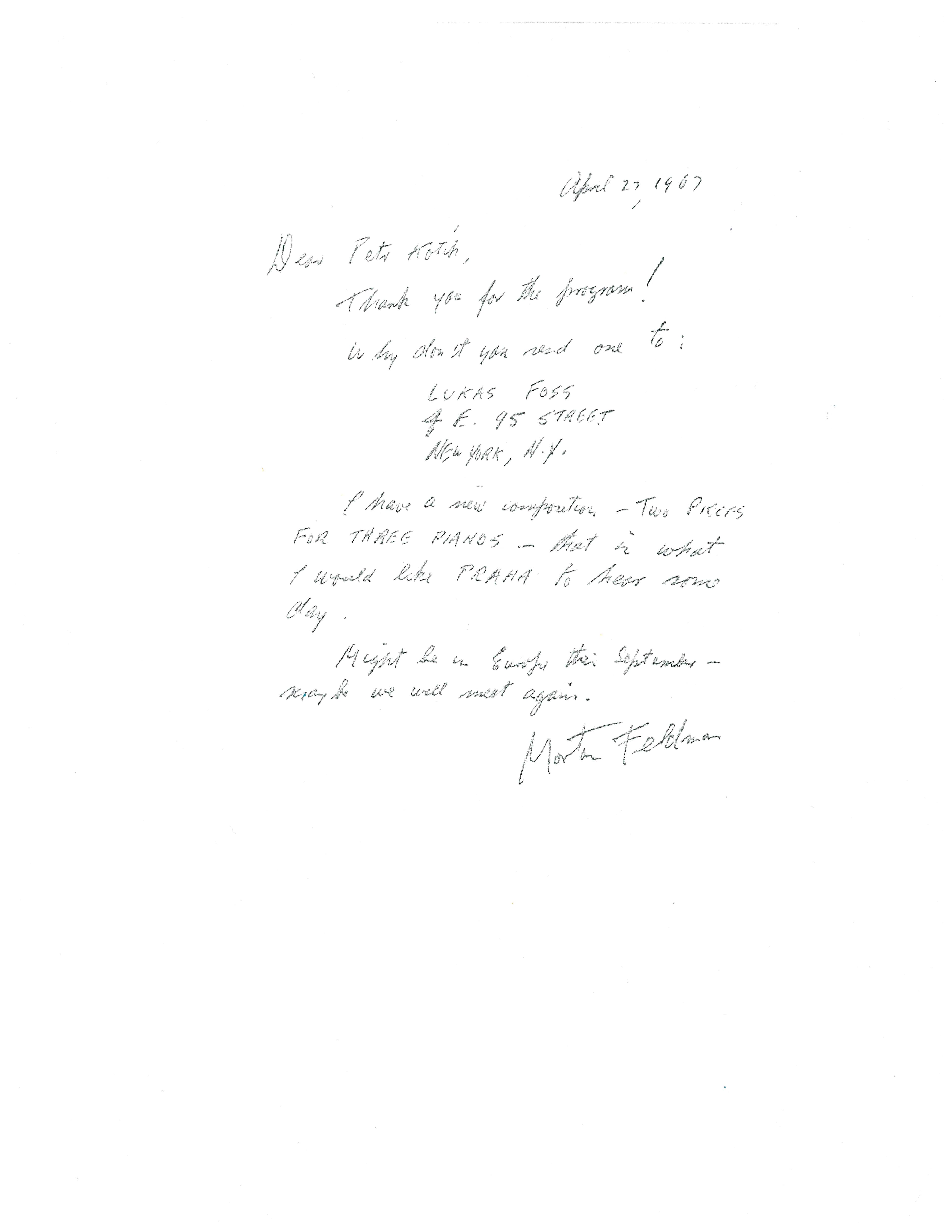 Letter from Morton Feldman to Petr Kotik. Courtesy Petr Kotik.